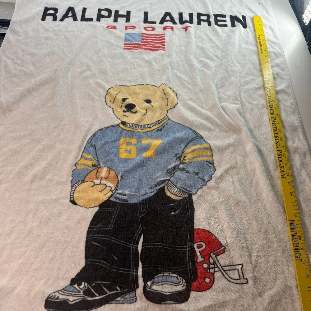 Ralph Lauren Bear Beach Towel Sports Football White Cotton Large
